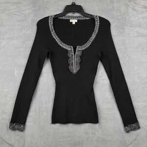 Cache Ribbed Knit Top Embellished Scoop Neck‎ Long Sleeve Black Small Y2K